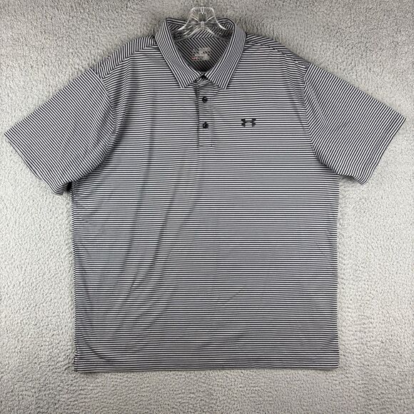 Under Armour Shirt Men's 2XL Golf Club Polo Heatgear Black Gray Loose Stripes - Picture 1 of 9